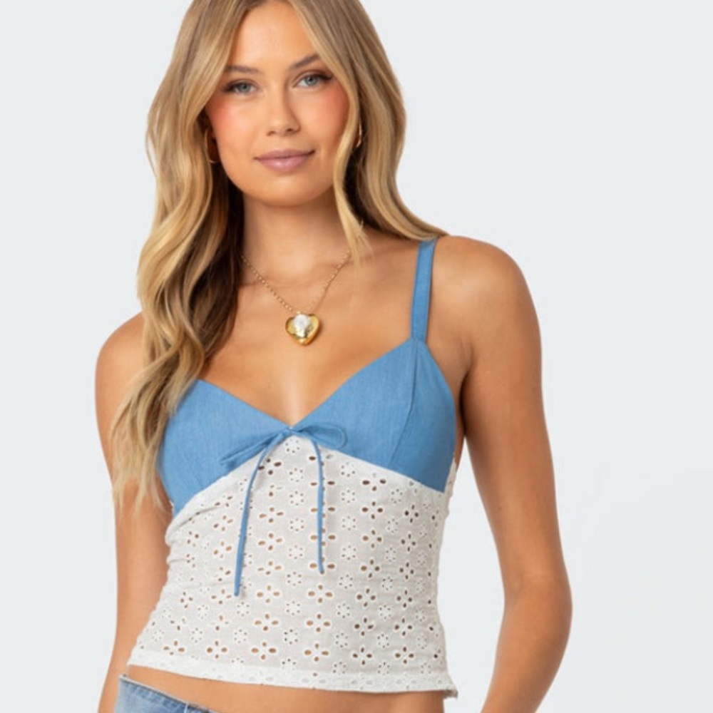 Edikted Blue and White Eyelet Tank Top